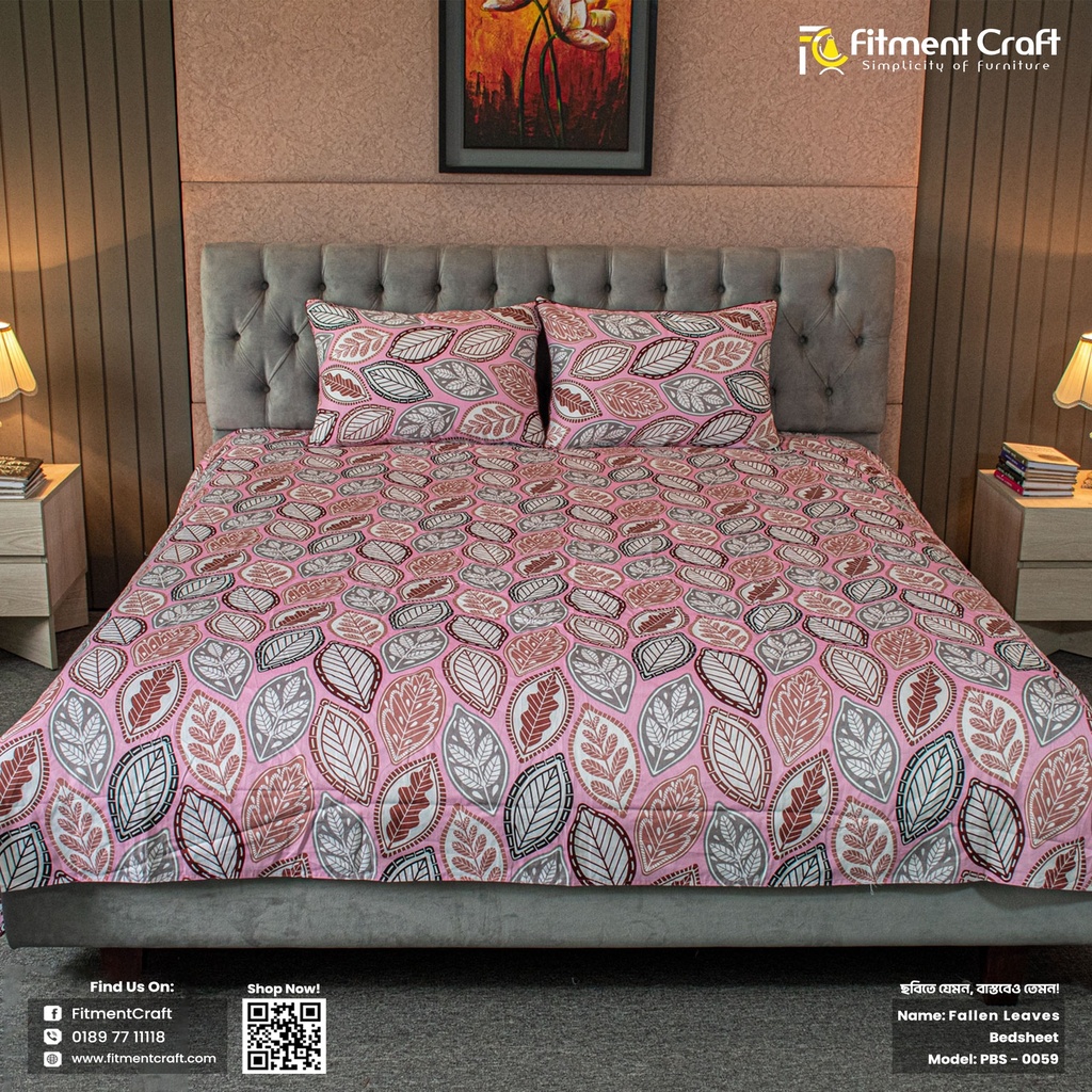 Fallen Leaves Print Bed Sheet – Pink । PBS - 0059 